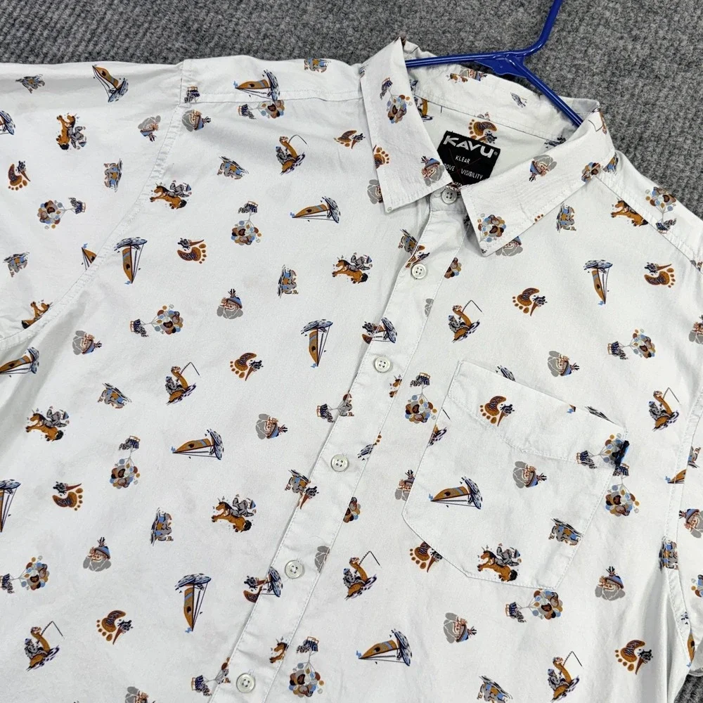 KAVU Shirt Mens XL White Western Graphic Print Short Sleeve Button Up Casual